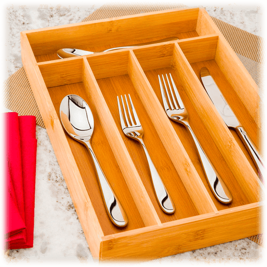 5 Compartment Bamboo Cutlery Tray, Kitchen Drawer Utensils Holder, Wooden Knife Fork Spoon Organizer Case, Bulk Bamboo Cutlery Tray, Drawer Multi Compartment Flatware Tray