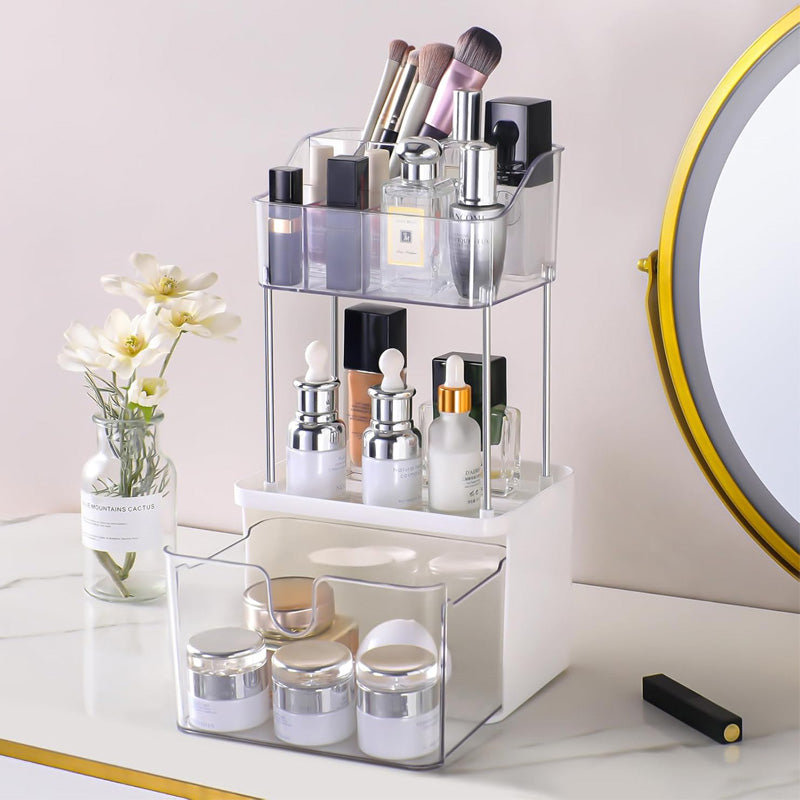 2 Layer Makeup Organizer Countertop, Skincare And Makeup Organizer, Bathroom Counter Organizer, Anti-Slip Dustproof Exquisite Vanity Organizer