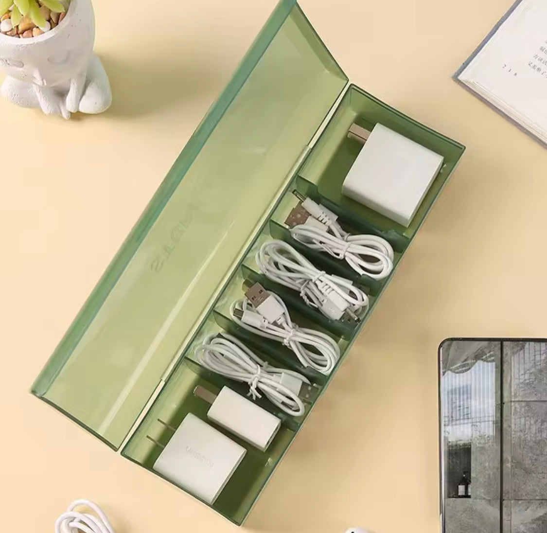 Multi Compartment Data Cable Storage Box, Transparent Data Cable Organizer With Lid, Dustproof Desktop Organizer For Office Home