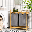 Dual Compartment Laundry Organizer Rack, Wooden Frame Laundry Hamper Organizer, Household Double Section Laundry Hamper
