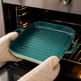 Ceramic Baking And Serving Tray, Deep Ceramic Baking Dish with Side Handles, Heavy Duty Ceramic Baking Tray with Raised Grill Ridges