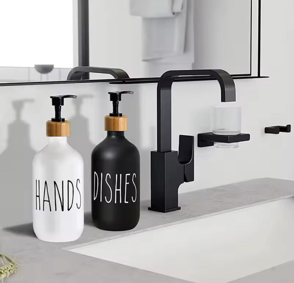 2pcs Bathroom Hand Soap Dispenser With Bamboo Tray, Kitchen Dish Soap Dispenser, Empty Facial Cleanser Refillable Bottle, Hand Sanitizer Press Subpack Bottle