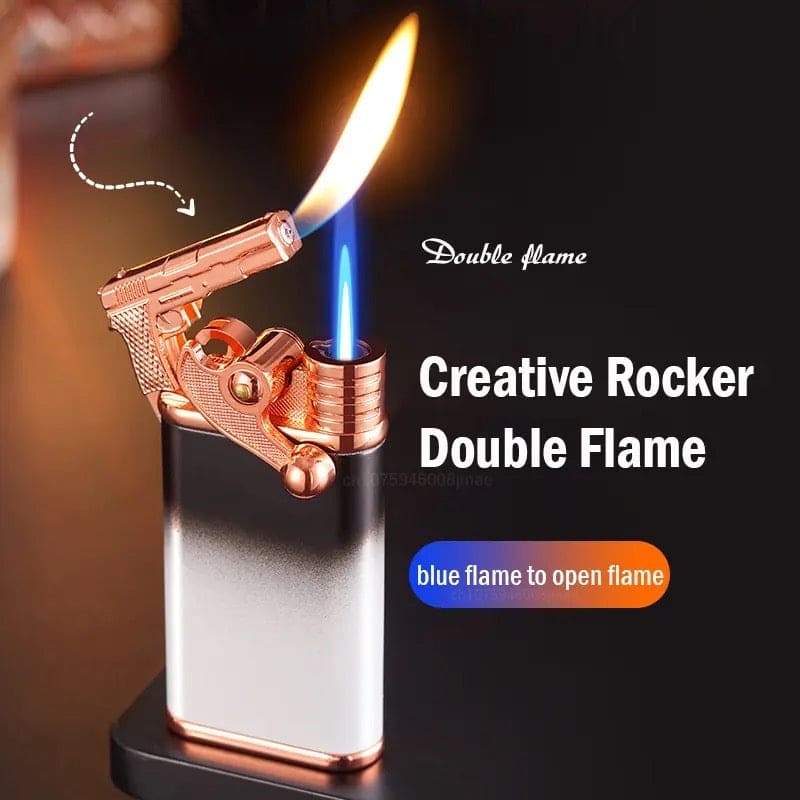 Gun Dual Flame Lighter, Rocker Arm Shape Lighter, Metal Inflatable Double Fire Lighter, Windproof Jet Turbo Lighter, Metal Double Flame Lighter, Open Fire Conversion Lighter, Creative Double Fire Flame Lighter, Butane Cigarette Lighter