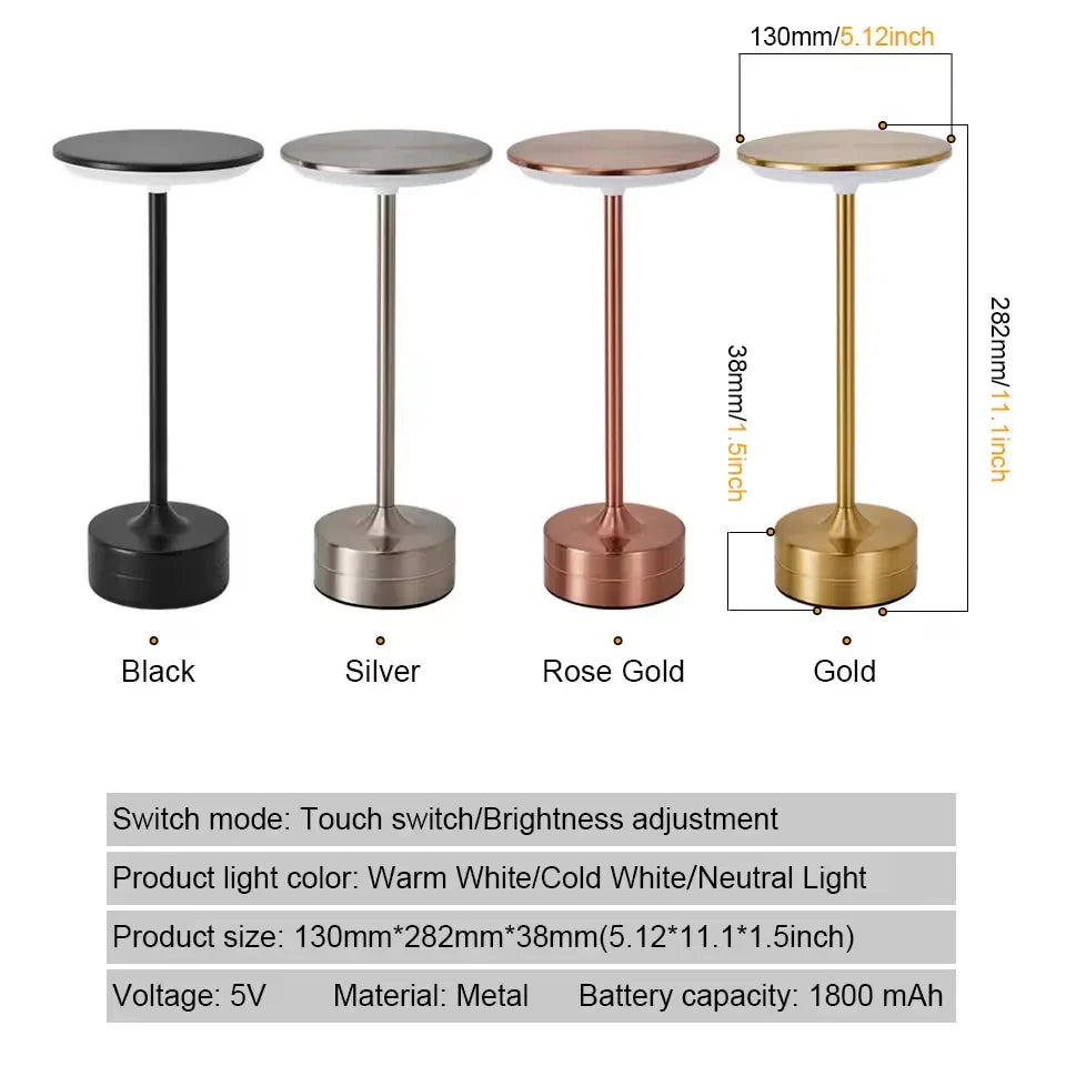 Luxury Metal Table Lamp – USB Rechargeable Touch Dimmable LED Lamp