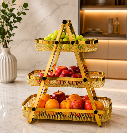 3 Tier Countertop Fruit Organizer Basket, Elegant Gold Display Fruits Basket, Multi Purpose Storage Stand, Imperial Gold Serving Basket Stand