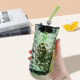 Diamond Pattern Glass Cup | Silver Bear Lid + Straw