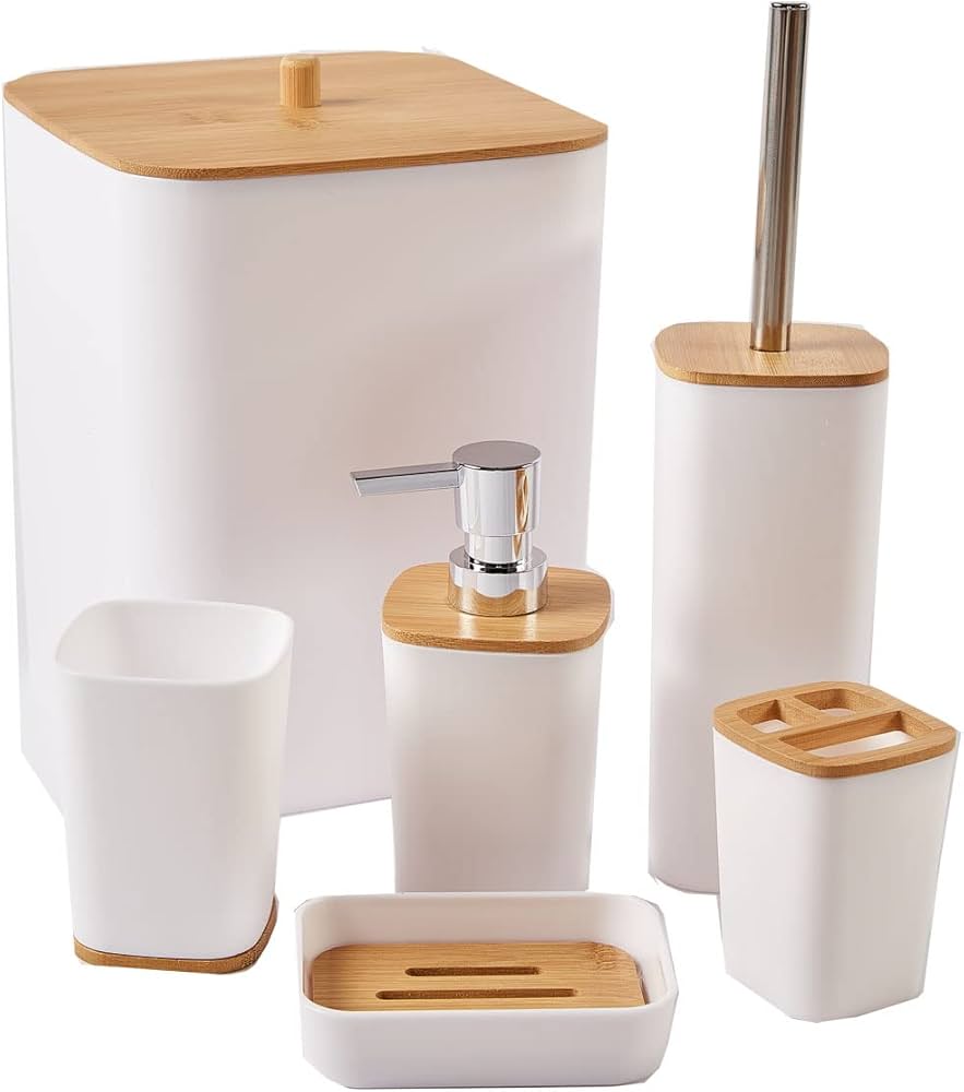 7 Pieces Bamboo Bathroom Accessories set, Luxury Modern Bathroom Accessory Bath Set, Toilet Accessories, Trash Can, Toothbrush Holder Cup, Soap Dish Holder, Soap Dispenser