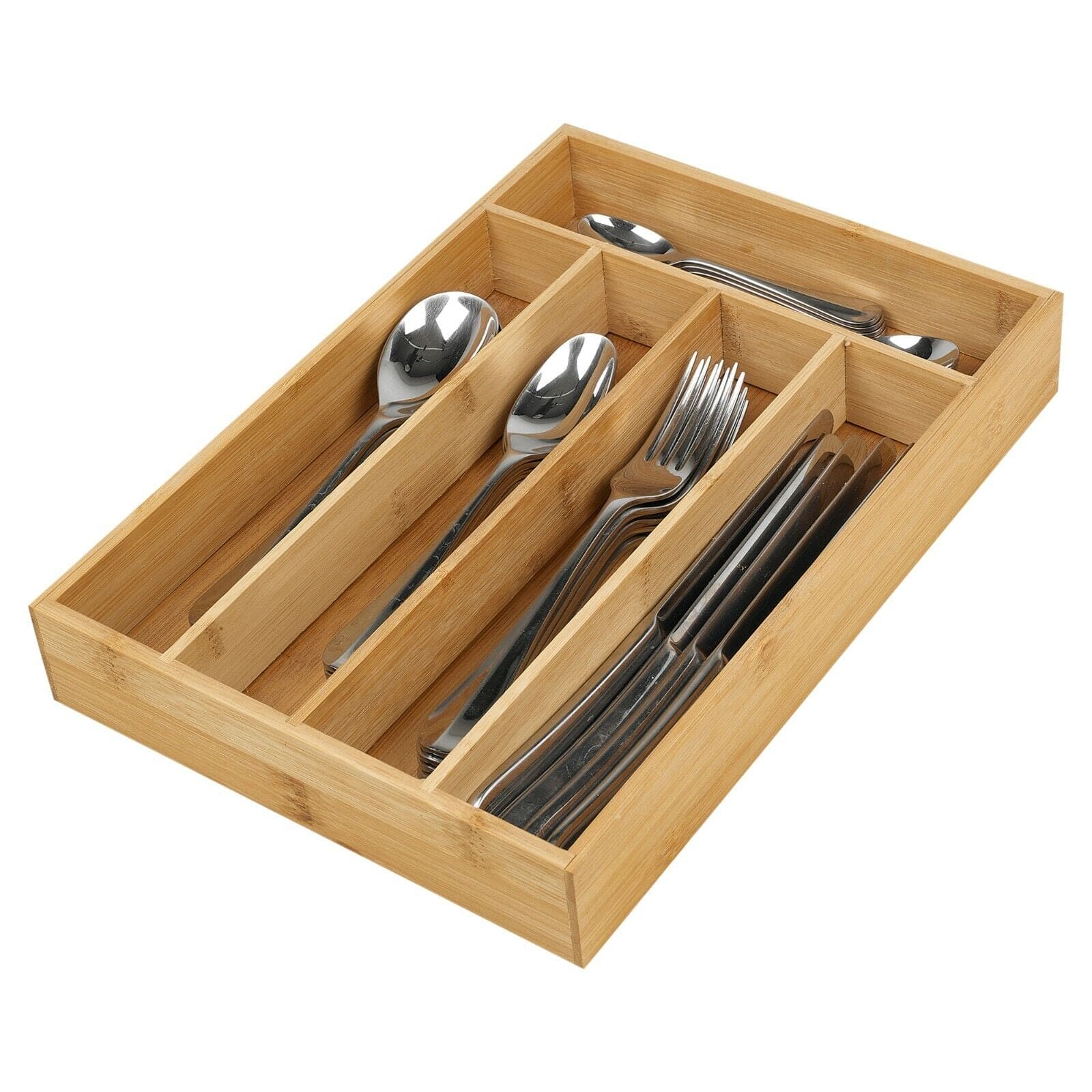 5 Compartment Bamboo Cutlery Tray, Kitchen Drawer Utensils Holder, Wooden Knife Fork Spoon Organizer Case, Bulk Bamboo Cutlery Tray, Drawer Multi Compartment Flatware Tray