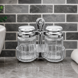 DOUBLE GLASS CONDIMENT JAR SET WITH METAL STAND
