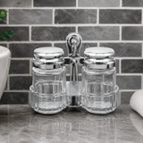 DOUBLE GLASS CONDIMENT JAR SET WITH METAL STAND