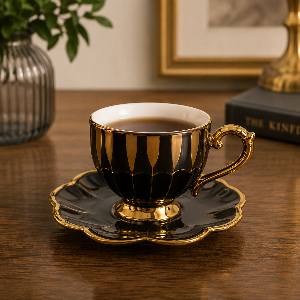 BLACK & GOLD PORCELAIN CUP & SAUCER SET - 6 PIECE