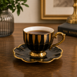 BLACK & GOLD PORCELAIN CUP & SAUCER SET - 6 PIECE