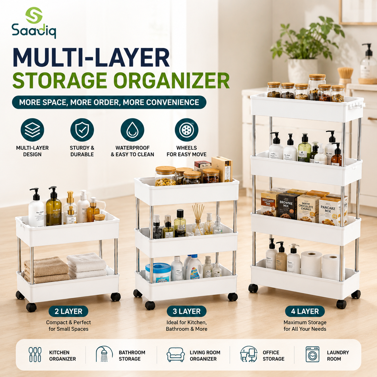 Multi-Layer Storage Organizer Rack – 2/3/4 Tier Rolling Cart for Kitchen, Bathroom & Home