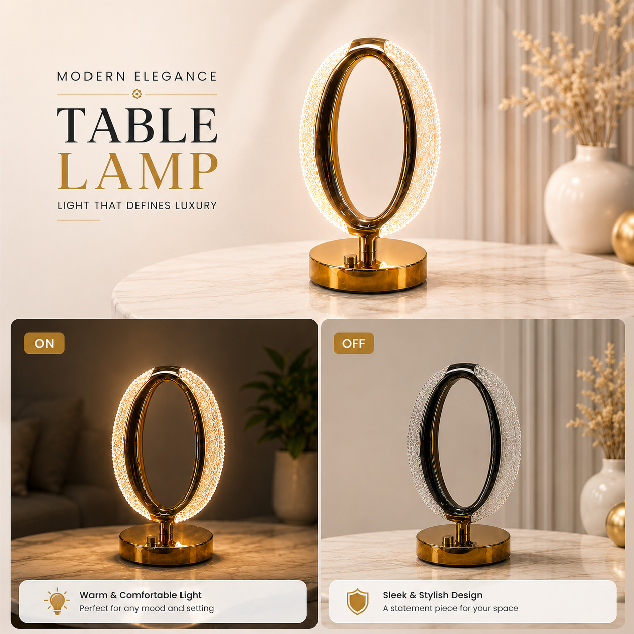 Luxury Ring Table Lamp – Modern LED Touch Lamp | Elegant Gold Decorative Light