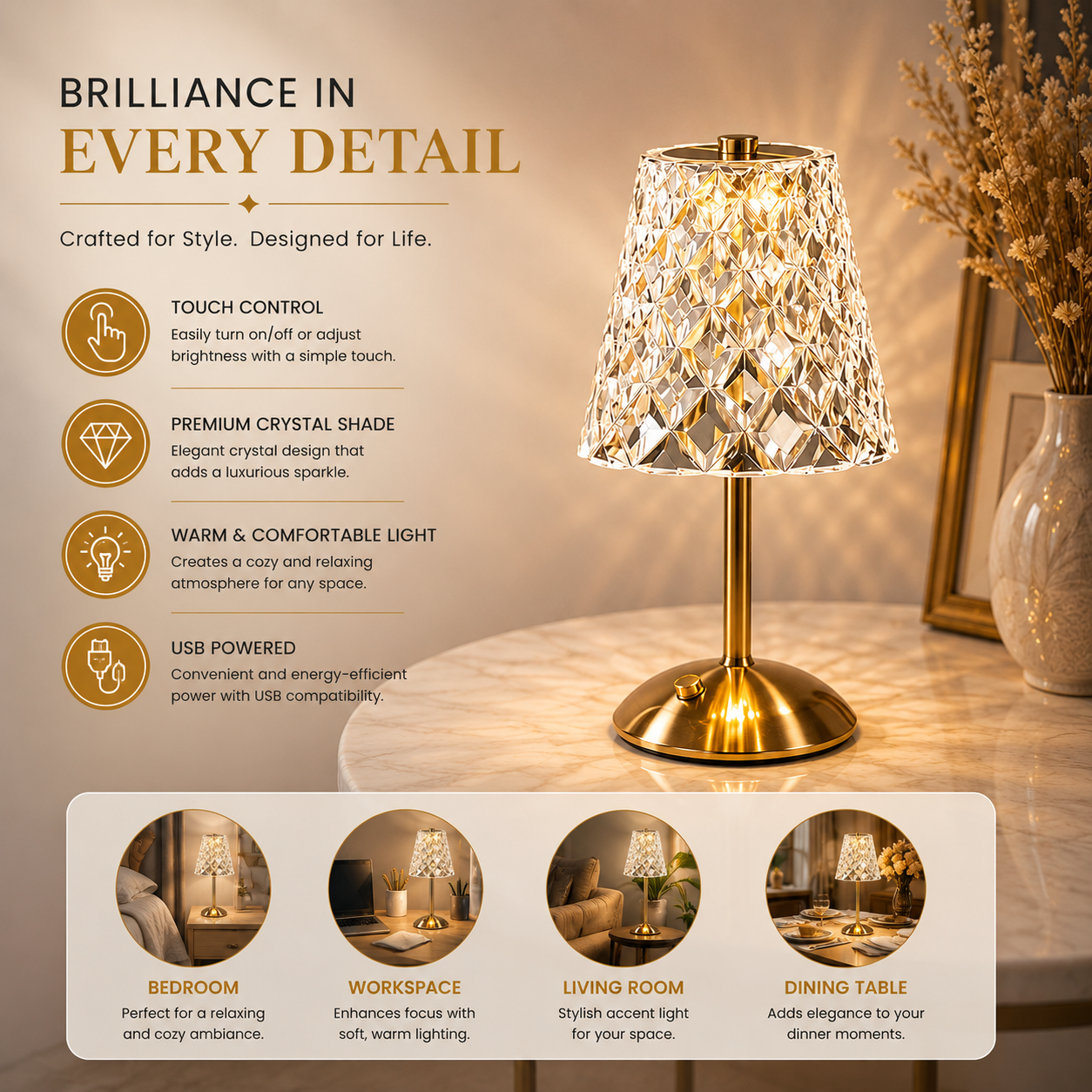 Luxury Crystal Table Lamp – Modern LED Touch Lamp with Crystal Shade
