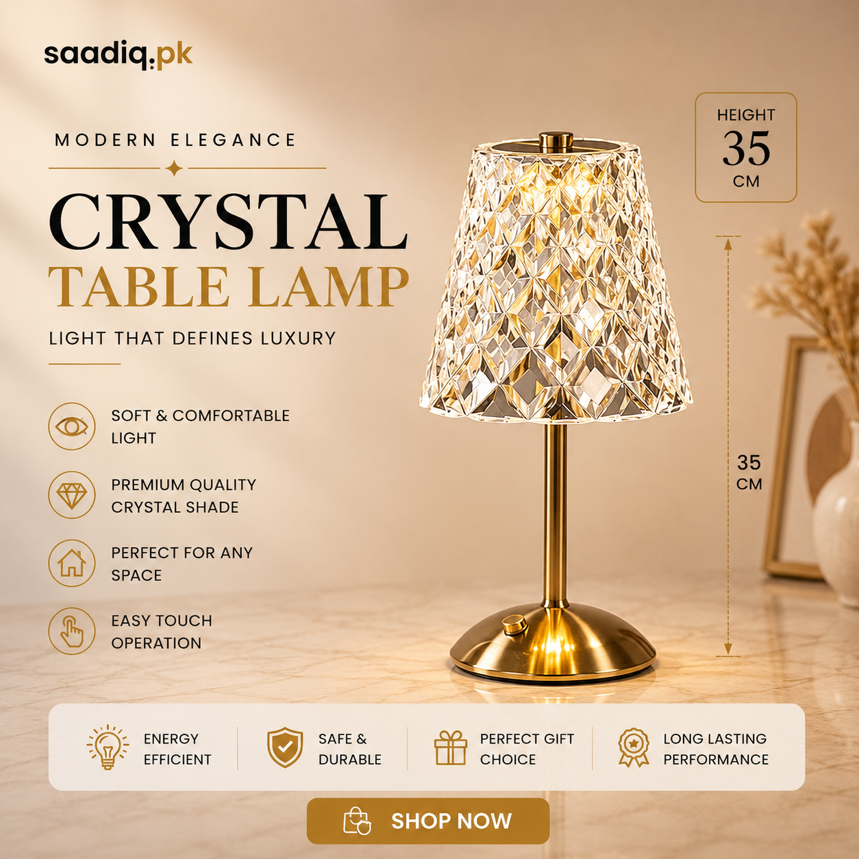 Luxury Crystal Table Lamp – Modern LED Touch Lamp with Crystal Shade