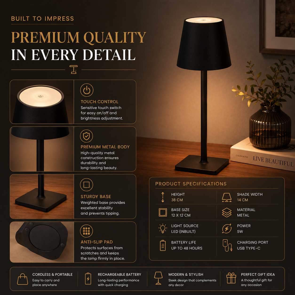 Modern Table Lamp – Elegant LED Touch Lamp for Bedroom & Living Room