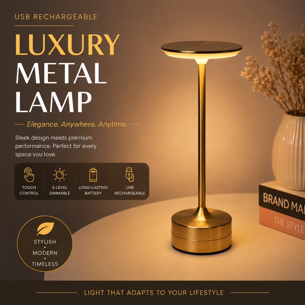 Luxury Metal Table Lamp – USB Rechargeable Touch Dimmable LED Lamp