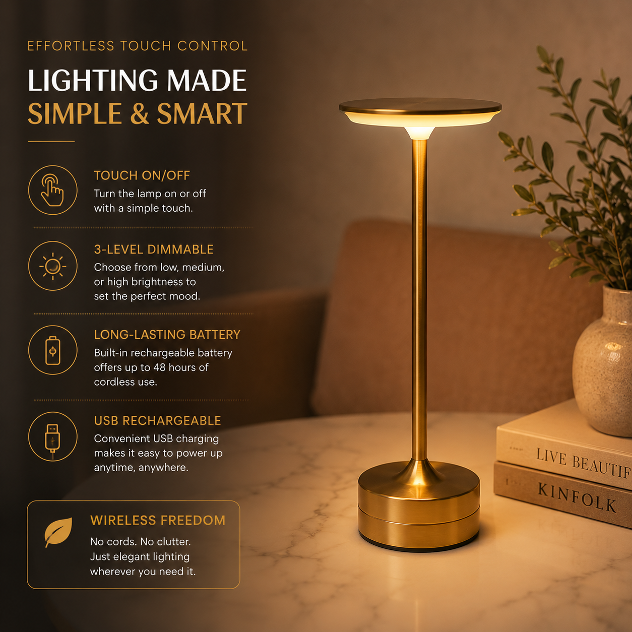 Luxury Metal Table Lamp – USB Rechargeable Touch Dimmable LED Lamp