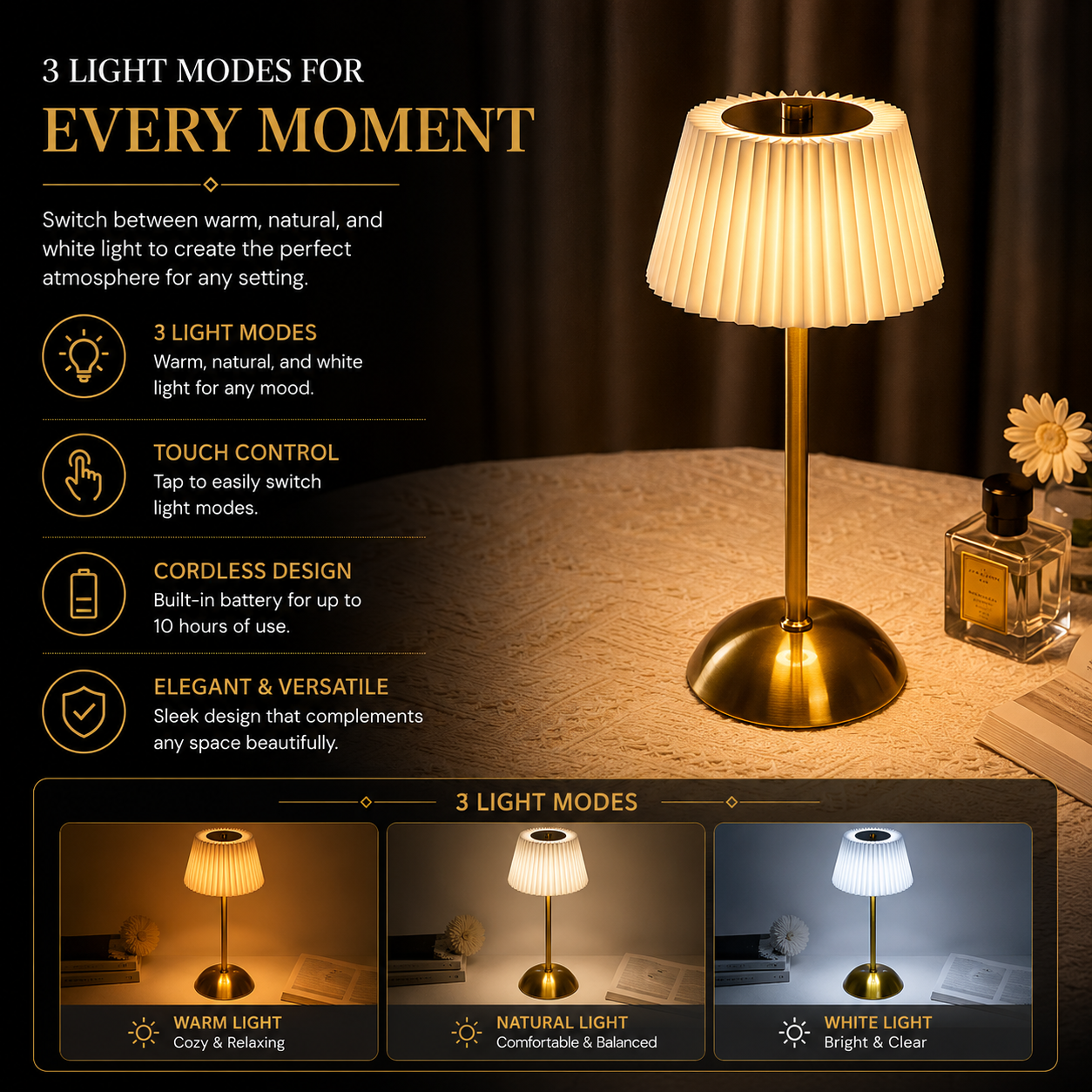 Cordless Modern Table Lamp – Elegant LED Touch Lamp for Bedroom