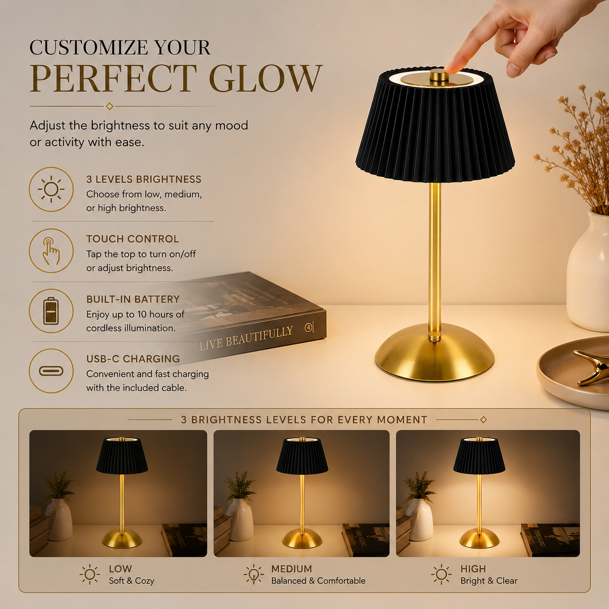 Cordless Modern Table Lamp – Elegant LED Touch Lamp for Bedroom