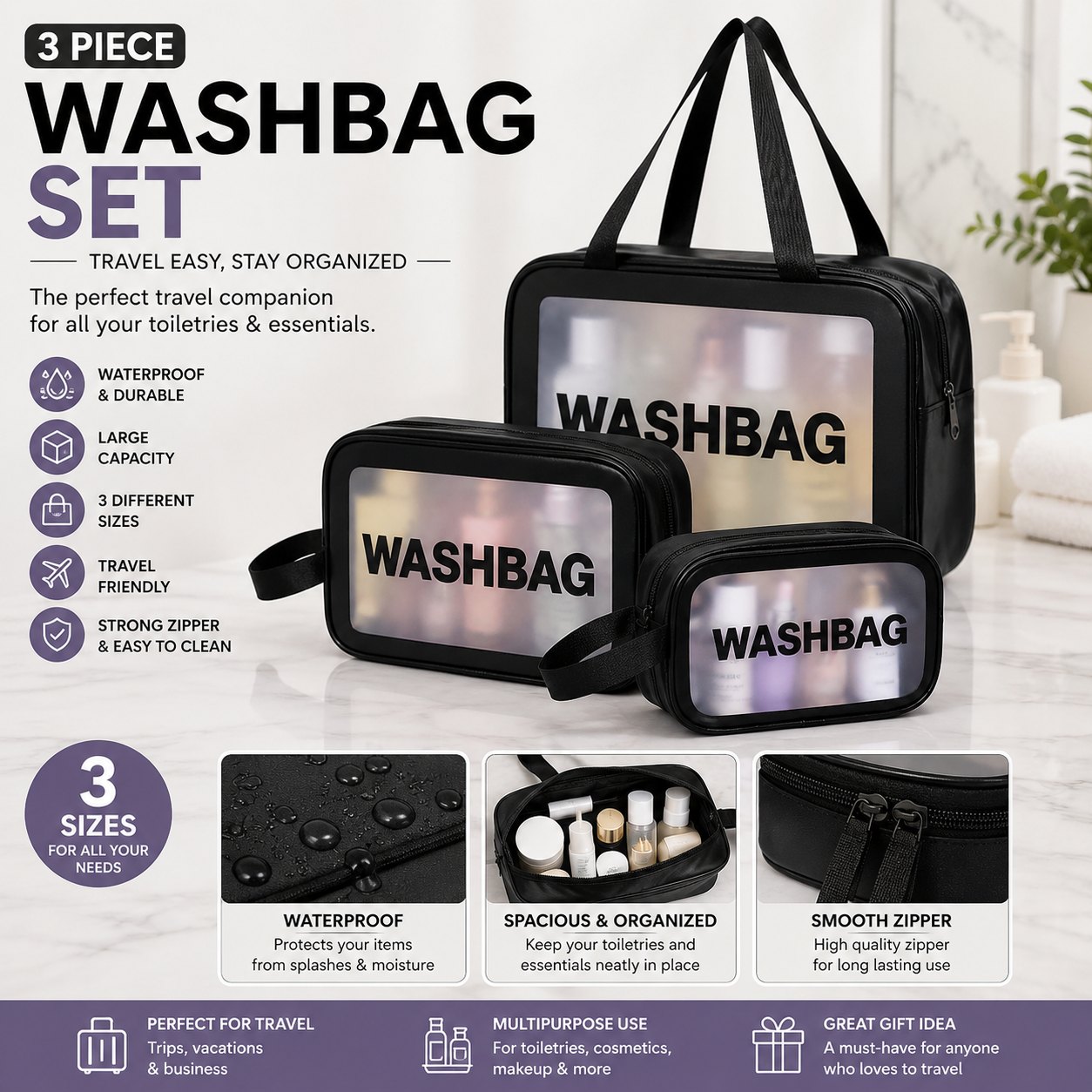 Transparent Waterproof PVC Travel Cosmetic Washbag Set – 3-Pack