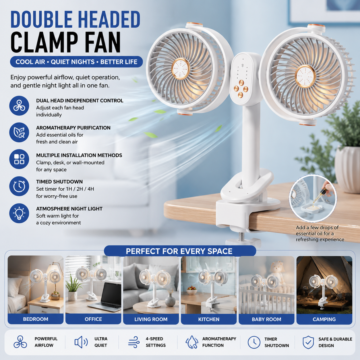Portable Mini Circulating Fan with LED Display – Rechargeable Long Head Desktop Cooling Fan