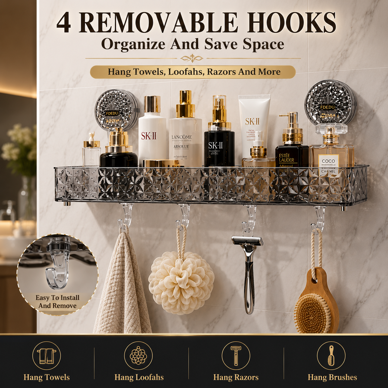 Transparent Suction Cup Bathroom Storage Shelf with Hanging Hooks – No Drill Wall Mounted Organizer Rack