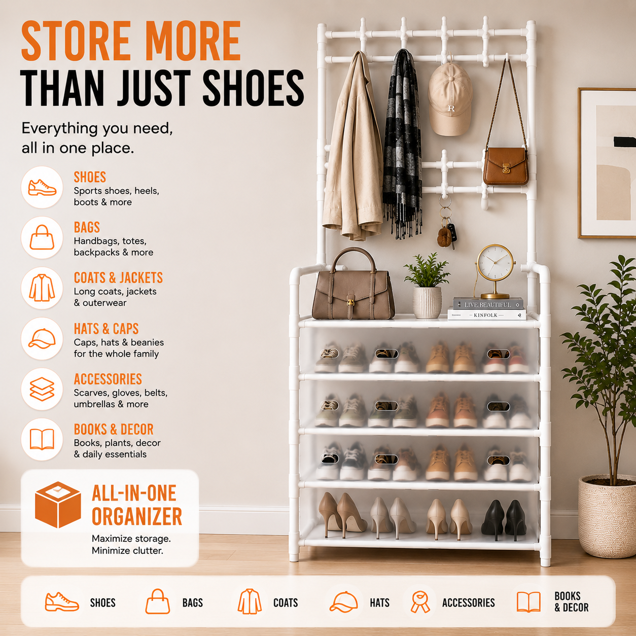 Multi-Purpose Shoe & Coat Rack with Dustproof Cover – Space Saving Storage Organizer