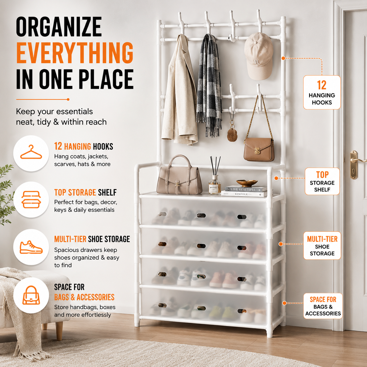 Multi-Purpose Shoe & Coat Rack with Dustproof Cover – Space Saving Storage Organizer