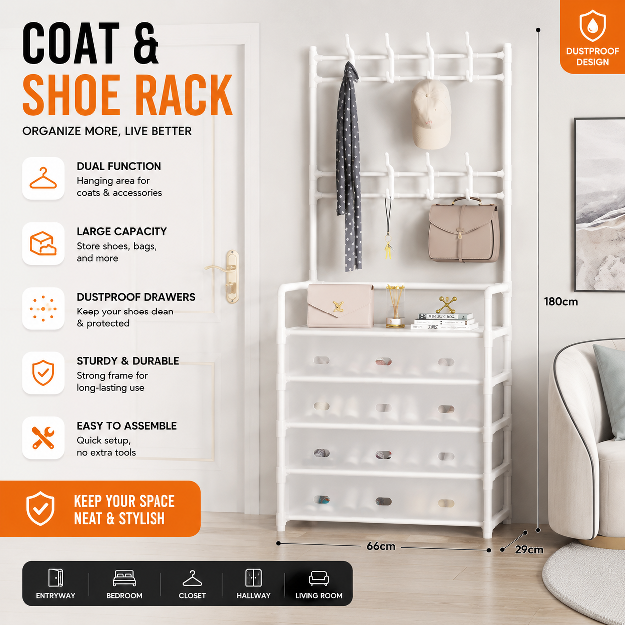 Multi-Purpose Shoe & Coat Rack with Dustproof Cover – Space Saving Storage Organizer