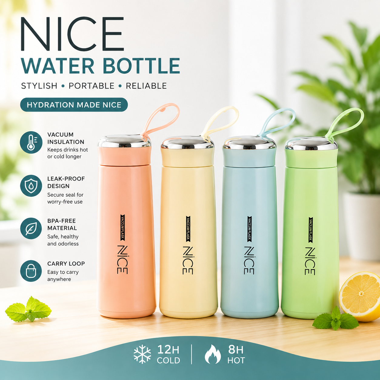 Nice Vacuum Insulated Water Bottle - Leak Proof BPA Free Flask for School Office Travel Gym - 400ML