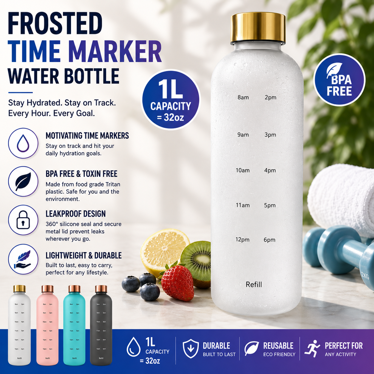 1L Frosted Time Marker Water Bottle – BPA Free Leakproof Gym Bottle