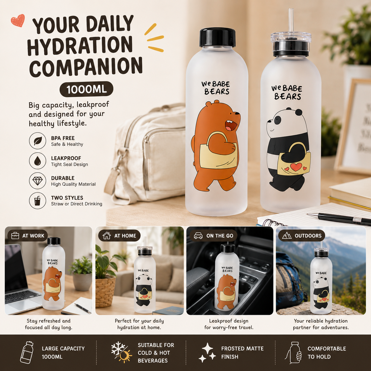 Cute Bear Bottle – Frosted Water Bottle with Straw & Direct Drink Lid – 1000ML
