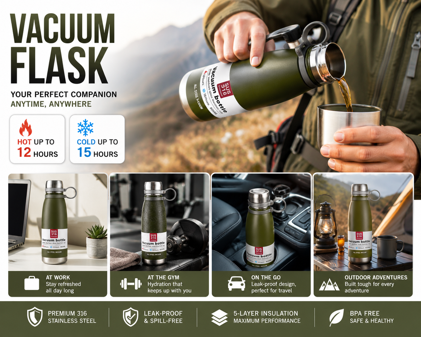 800ML Vacuum Flask Bottle – Stainless Steel Insulated Water Bottle Hot & Cold Thermos Flask