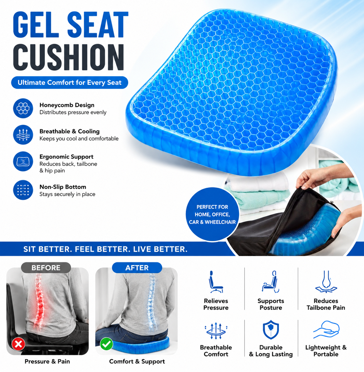 Gel Seat Cushion for Long Sitting | Orthopedic Honeycomb Cushion for Office, Car & Home