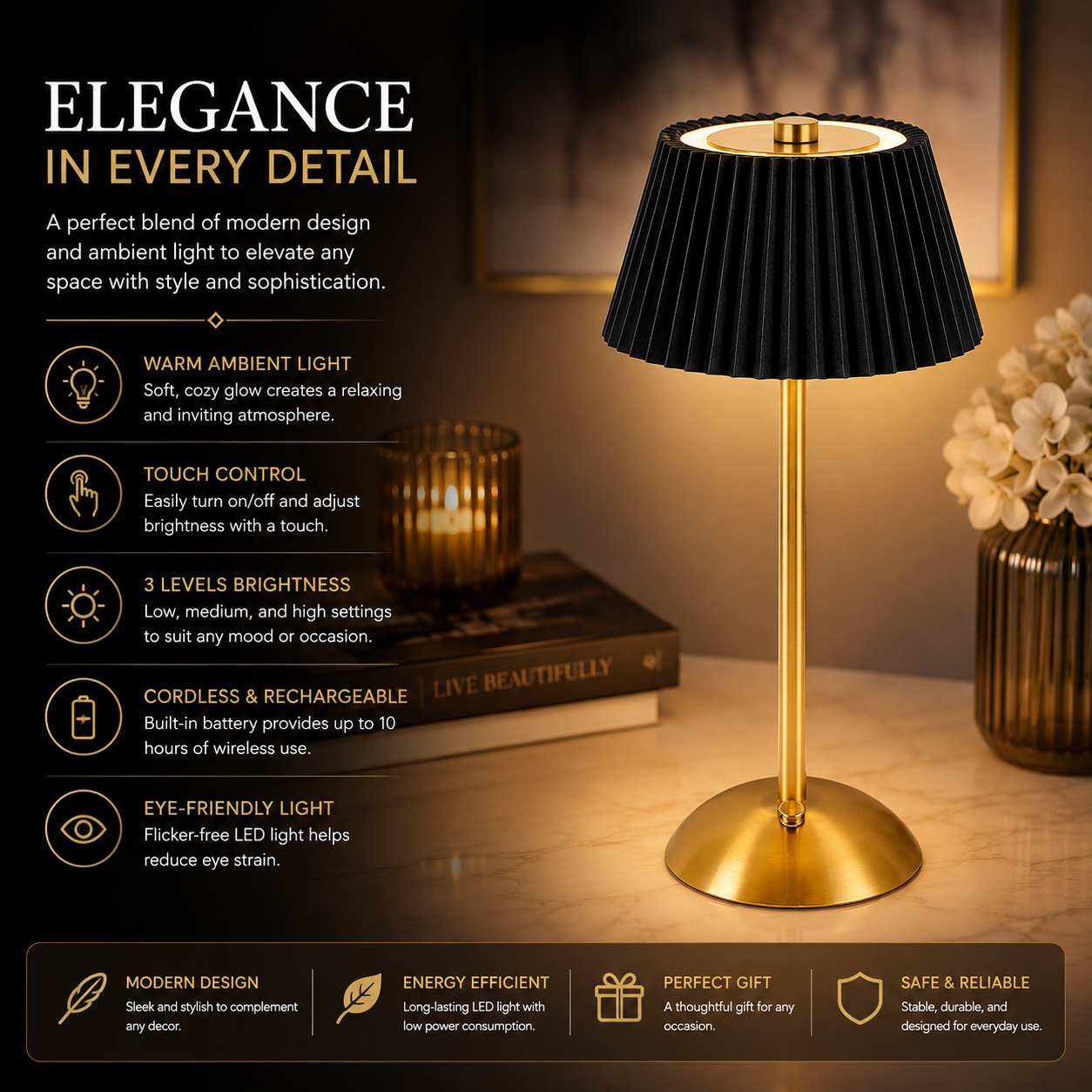 Cordless Modern Table Lamp – Elegant LED Touch Lamp for Bedroom