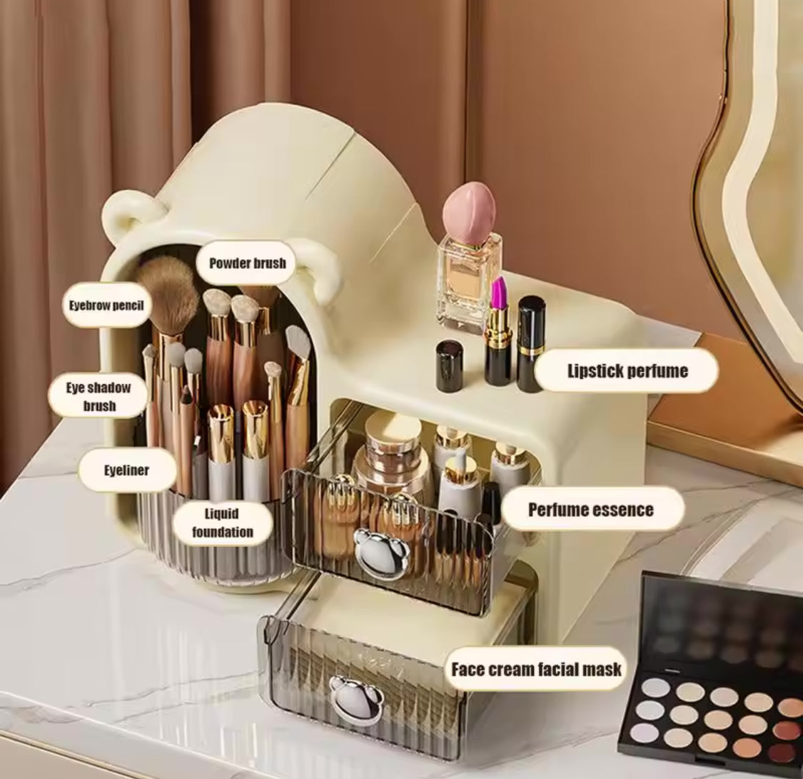 Rotating Desktop Bear Shape Storage Box, Desktop Organizer With 2 Drawers, Makeup And Brushes Organizer, Dressing Table Storage Box