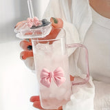 450ml Bow Glass With Lid And Straw, Elegant Square Glass Tumbler, Cute Transparent Mug With Handle