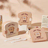 Square Toast Lunch Box, Plastic Partition Bento Box with Lid, Kids School Lunch Box, Snack Food Storage Container, 3 Grids Lunch Box with Cutlery, Cartoon Toast Pattern Students Bento Case for School Office