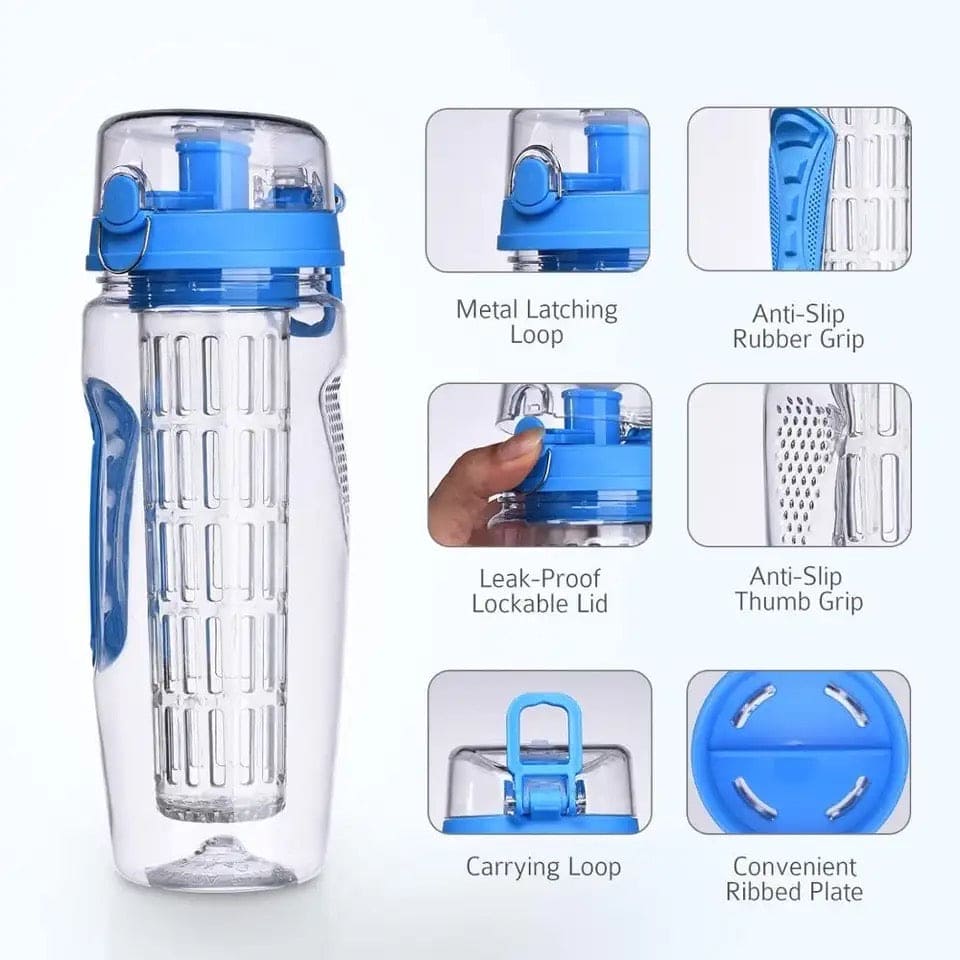 Aqua Time Infuser Water Bottle, 1L Time Tracker Bottle With Cleaning Brush, Acrylic Detox Sports Water Bottle, Triton Sports Bottle with Flip Top Lid, Fruity infusing Water Bottles for Women & Men -