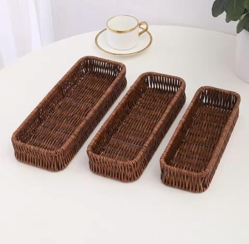 Durable Plastic Imitation Rattan Storage Basket, Kitchen Drawer Organizer, Rectangle Home Desk Decoration Tray, Square Serving Basket
