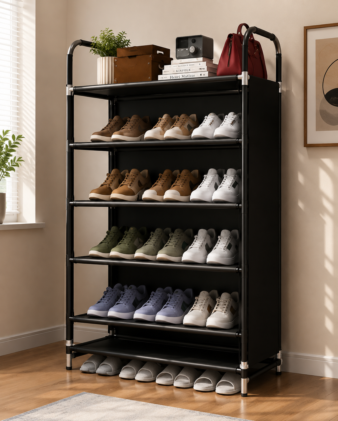 Dustproof Shoe Organizer Shelf with Sliding Curtain Door, Multi Tier Shoe Storage Cabinet, Space Saving Shoe Shelf, Dustproof Shoe Rack Organizer with Side Cover