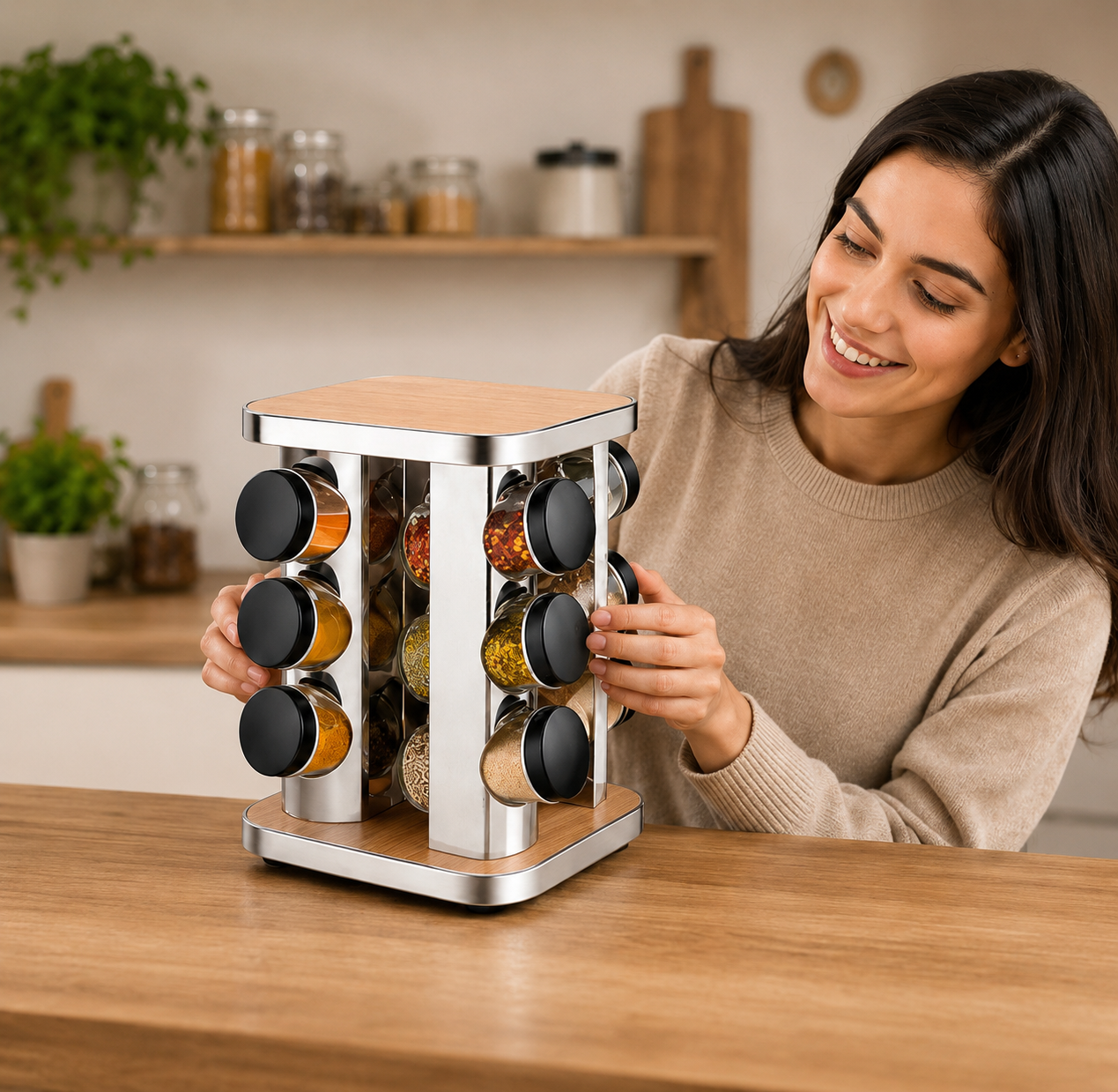Stainless Steel Rotating Spice Rack with Wooden Top, Rotating Spice Carousel with Glass Jars, Multipurpose Seasoning Rack Organizer, Elegant Wooden Touch Spice Rack Set