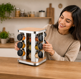Stainless Steel Rotating Spice Rack with Wooden Top, Rotating Spice Carousel with Glass Jars, Multipurpose Seasoning Rack Organizer, Elegant Wooden Touch Spice Rack Set