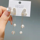 Flexible Heart Top Crystal Earrings, Hollow Heart Drop Earrings, Adjustable Pearl Tassel Ear Jewellery, Luxury Long Simulation Pearl Earrings For Women