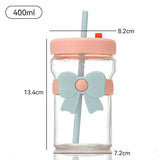 Bow Glass Cup with Straw, Party Beverage Cup, Portable Glass Water Cup with Straw Lid, Elegant Cute Transparent Mug