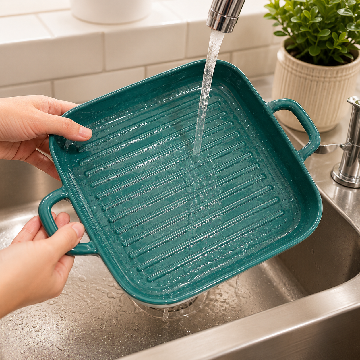 Ceramic Baking And Serving Tray, Deep Ceramic Baking Dish with Side Handles, Heavy Duty Ceramic Baking Tray with Raised Grill Ridges