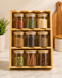 Bamboo Spice Holder Jars, Premium Bamboo Masala Jar Organizer, Wooden Spice Rack With Glass Containers