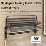 Double Folding Bath Towel Holder, Wall Matte Black Towel Rack, Bath Accessories Organizer, Self Adhesive Towel Bar, Aluminum Alloy Towel Rack, Kitchen Bathroom Shelves with Double Bar, Multifunction Double Towel Bracket